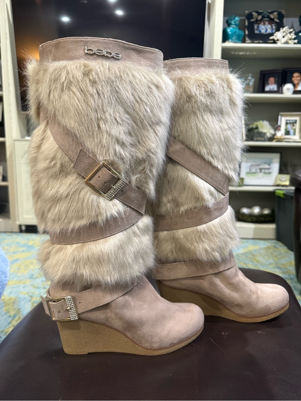 bebe Blush Taupe Faux-Fur Wedge Riding Boots
